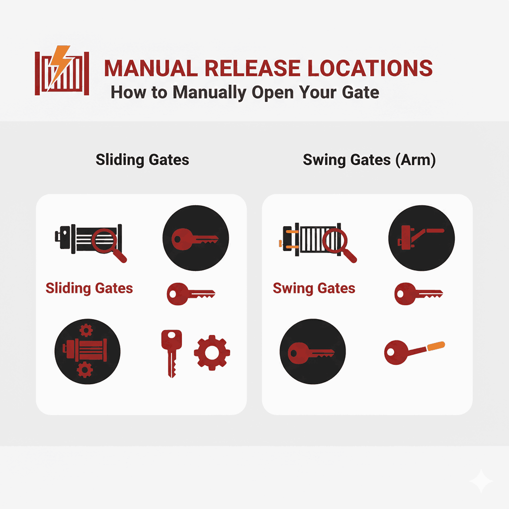 Manual gate release mechanism locations